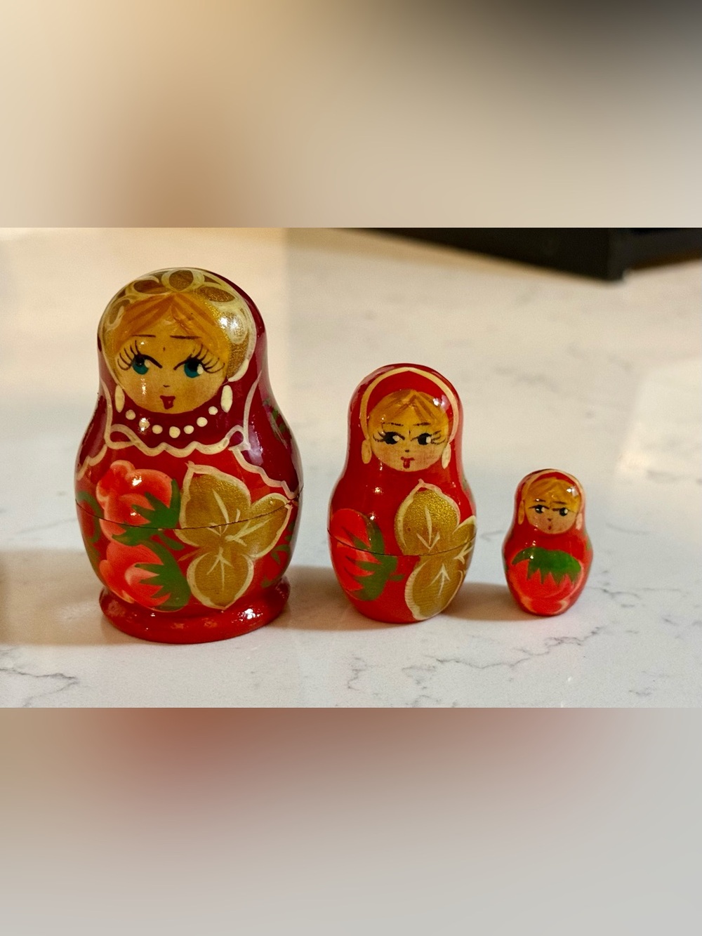 Vintage Russian Matryoshka Nesting Dolls Set of 3. Hand Painted in Red and Gold